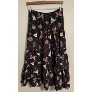 Vintage America America Womens Maxi Skirt Medium Black Aztec Tiered Southwestern
